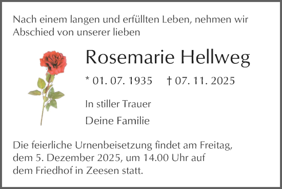 Traueranzeige von Rosemarie Hellweg von Blickpunkt Königs Wusterhausen