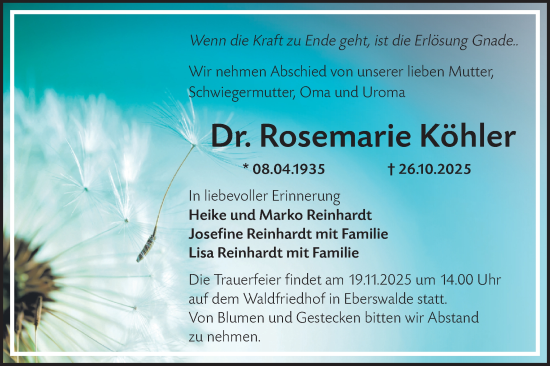 Traueranzeige von Rosemarie Köhler von Märkische Oderzeitung