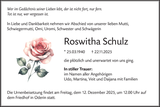Traueranzeige von Roswitha Schulz von Blickpunkt Königs Wusterhausen