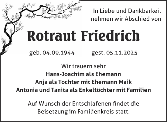 Traueranzeige von Rotraut Friedrich von Märkische Oderzeitung