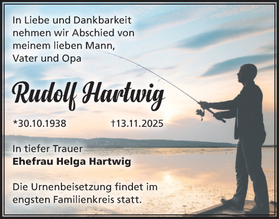 Traueranzeige von Rudolf Hartwig von Märkische Oderzeitung