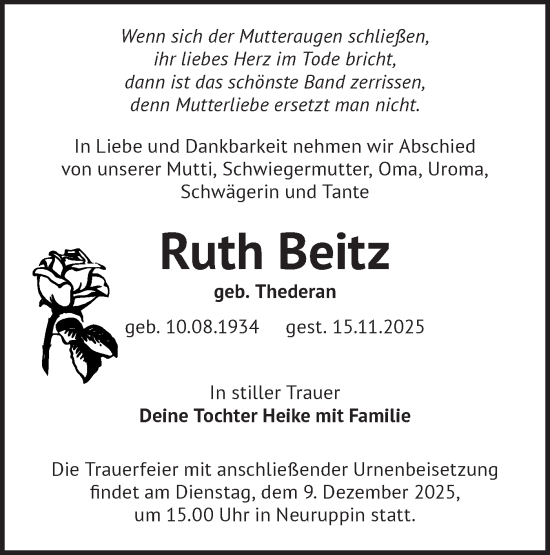 Traueranzeige von Ruth Beitz von Märkische Oderzeitung