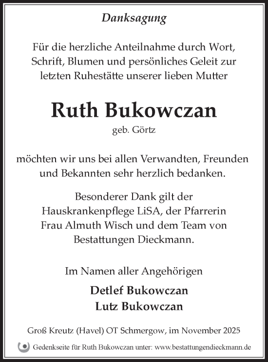 Traueranzeige von Ruth Bukowczan von Märkische Oderzeitung