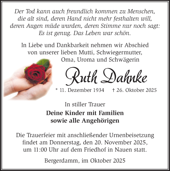 Traueranzeige von Ruth Dahnke von Märkische Oderzeitung