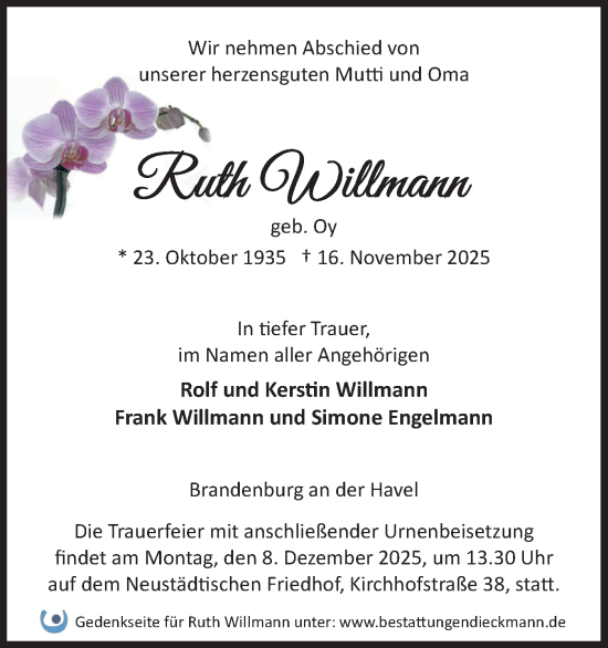 Traueranzeige von Ruth Willmann von Märkische Oderzeitung