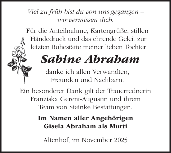 Traueranzeige von Sabine Abraham von Märkische Oderzeitung