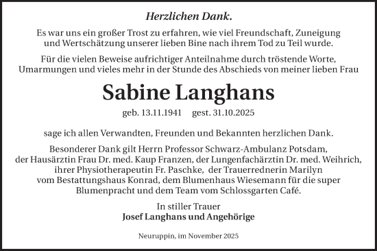 Traueranzeige von Sabine Langhans von Märkische Oderzeitung