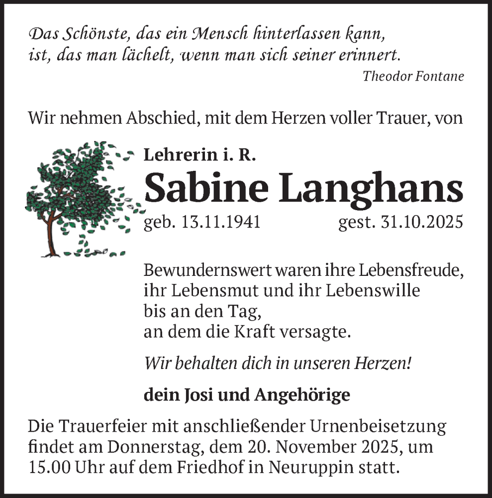  Traueranzeige für Sabine Langhans vom 08.11.2025 aus Märkische Oderzeitung