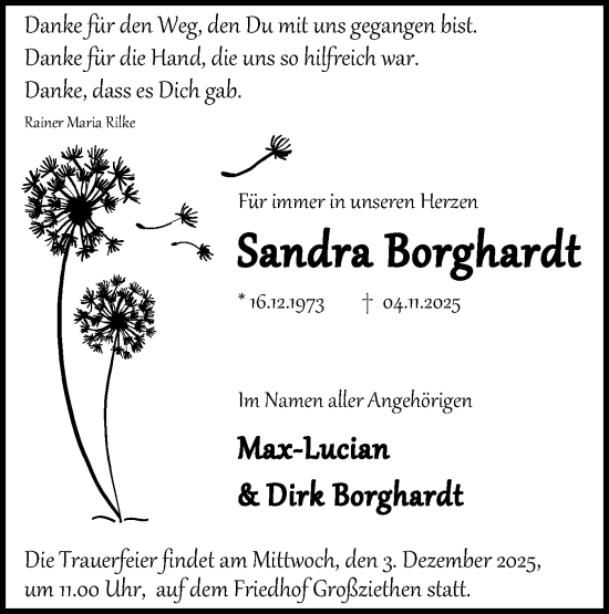 Traueranzeige von Sandra Borghardt von Blickpunkt Königs Wusterhausen