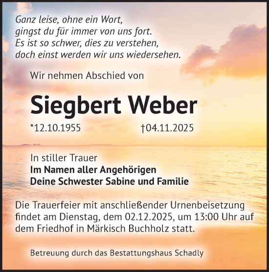 Traueranzeige von Siegbert Weber von Blickpunkt Königs Wusterhausen