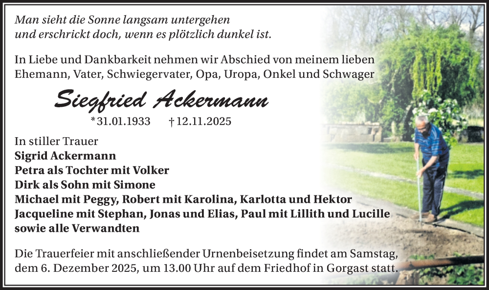  Traueranzeige für Siegfried Ackermann vom 22.11.2025 aus MO Oderld.-Echo