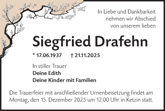 Traueranzeige von Siegfried Drafehn von Märkische Oderzeitung