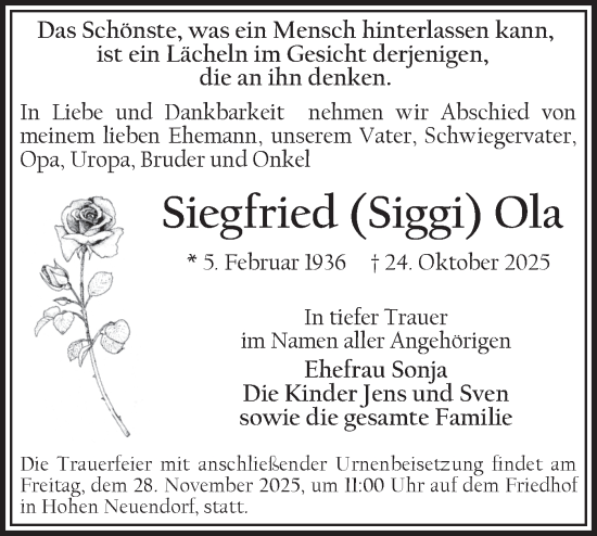 Traueranzeige von Siegfried Ola von Märkische Oderzeitung