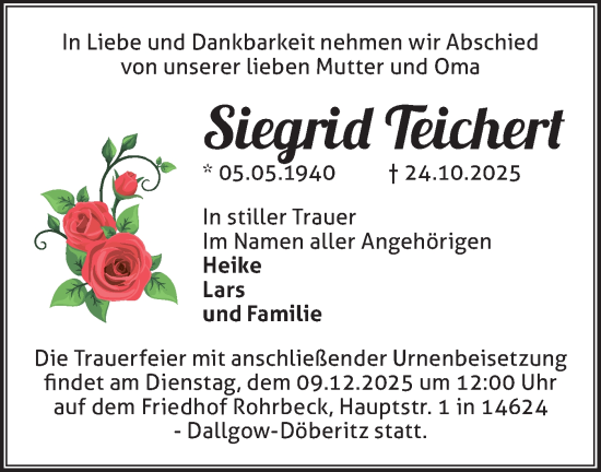 Traueranzeige von Siegrid Teichert von Märkische Oderzeitung