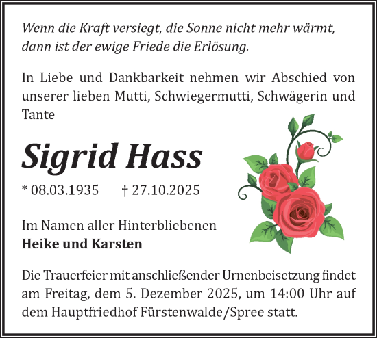 Traueranzeige von Sigrid Hass von Märkische Oderzeitung