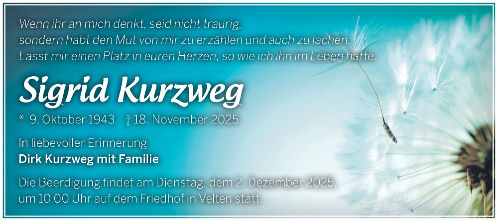  Traueranzeige für Sigrid Kurzweg vom 22.11.2025 aus Märkische Oderzeitung