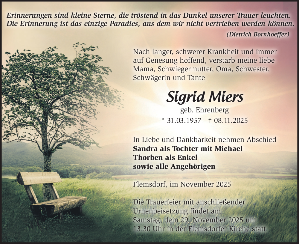  Traueranzeige für Sigrid Miers vom 15.11.2025 aus MO Uckerm.-Anz.