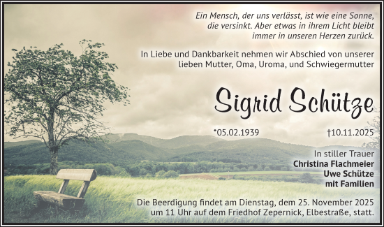 Traueranzeige von Sigrid Schütze von Märkische Oderzeitung