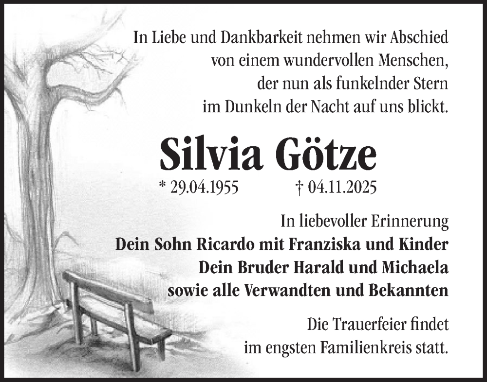  Traueranzeige für Silvia Götze vom 15.11.2025 aus Märkische Oderzeitung