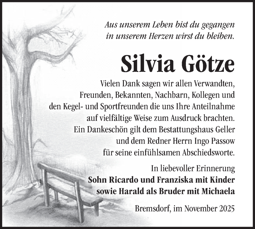  Traueranzeige für Silvia Götze vom 29.11.2025 aus Märkische Oderzeitung