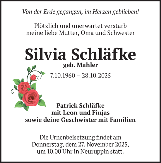 Traueranzeige von Silvia Schläfke von Märkische Oderzeitung