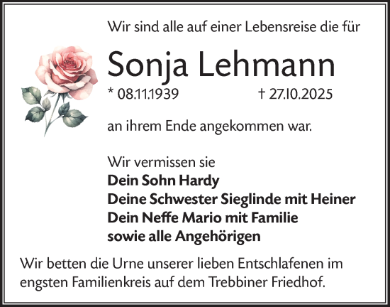 Traueranzeige von Sonja Lehmann von Blickpunkt Jüterbog/Luckenwalde