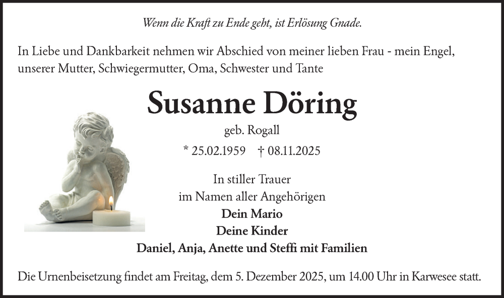  Traueranzeige für Susanne Döring vom 22.11.2025 aus Märkische Oderzeitung