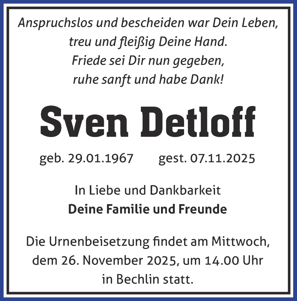  Traueranzeige für Sven Detloff vom 22.11.2025 aus Märkische Oderzeitung