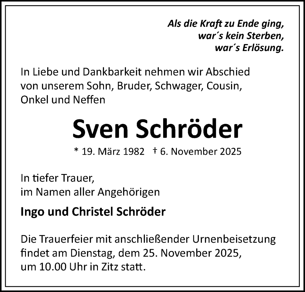  Traueranzeige für Sven Schröder vom 15.11.2025 aus Märkische Oderzeitung
