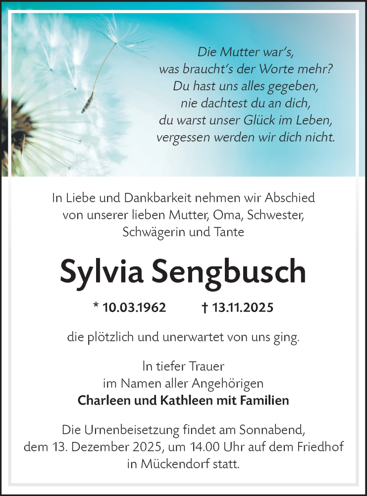  Traueranzeige für Sylvia Sengbusch vom 29.11.2025 aus Blickpunkt Ludwigsfelde/Zossen