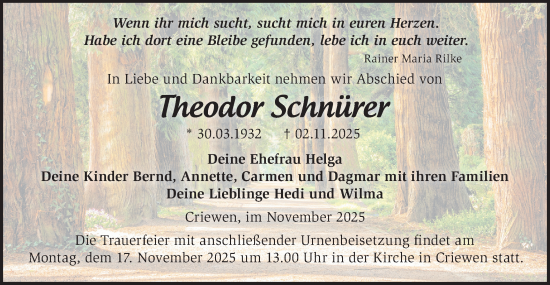 Traueranzeige von Theodor Schnürer von MO Uckerm.-Anz.