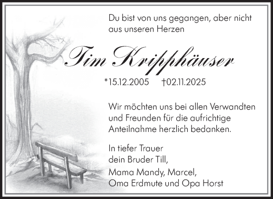 Traueranzeige von Tim Kripphäuser von Märkische Oderzeitung