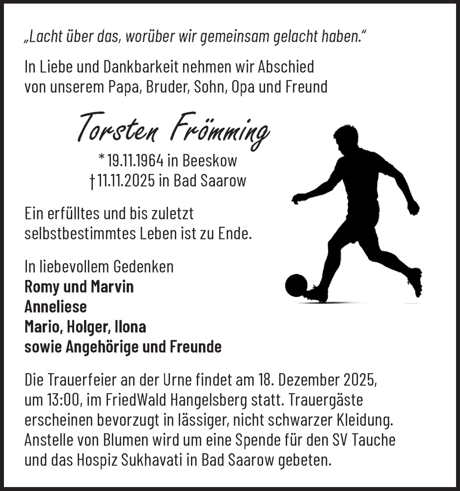  Traueranzeige für Torsten Frömming vom 29.11.2025 aus Märkische Oderzeitung