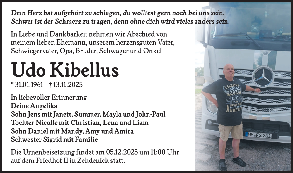  Traueranzeige für Udo Kibellus vom 22.11.2025 aus Märkische Oderzeitung