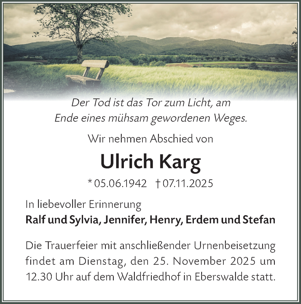  Traueranzeige für Ulrich Karg vom 15.11.2025 aus Märkische Oderzeitung