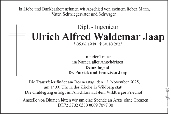 Traueranzeige von Ulrich Alfred Waldemar Jaap von Märkische Oderzeitung