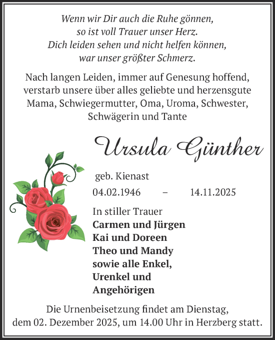 Traueranzeige von Ursula Günther von Märkische Oderzeitung
