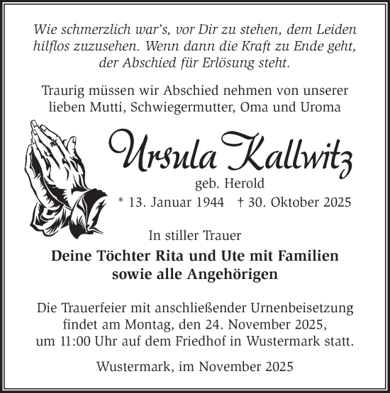 Traueranzeige von Ursula Kallwitz von Märkische Oderzeitung