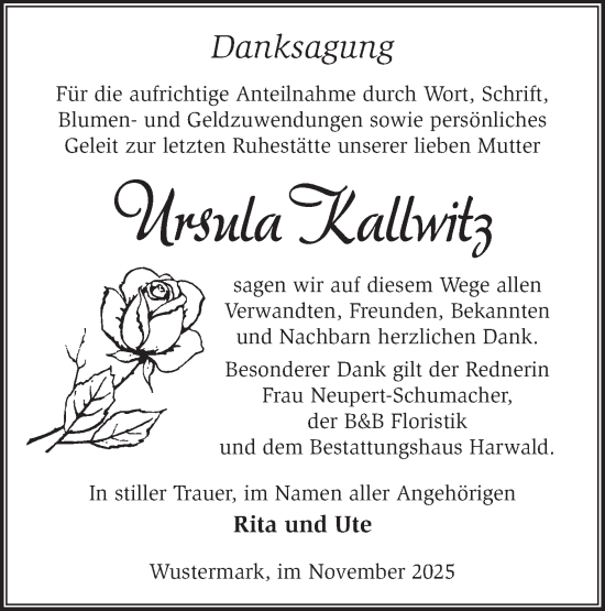 Traueranzeige von Ursula Kallwitz von Märkische Oderzeitung