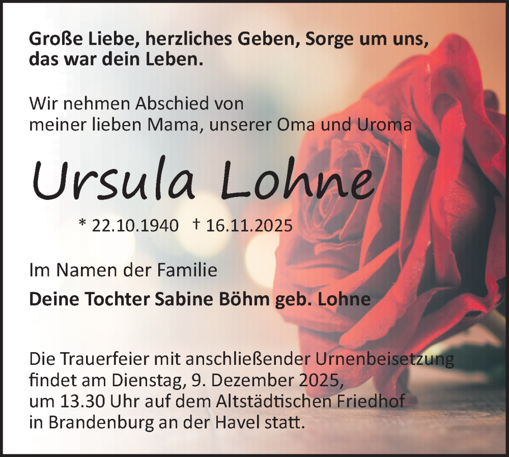  Traueranzeige für Ursula Lohne vom 29.11.2025 aus Märkische Oderzeitung