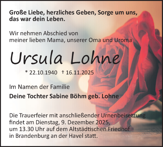 Traueranzeige von Ursula Lohne von Märkische Oderzeitung