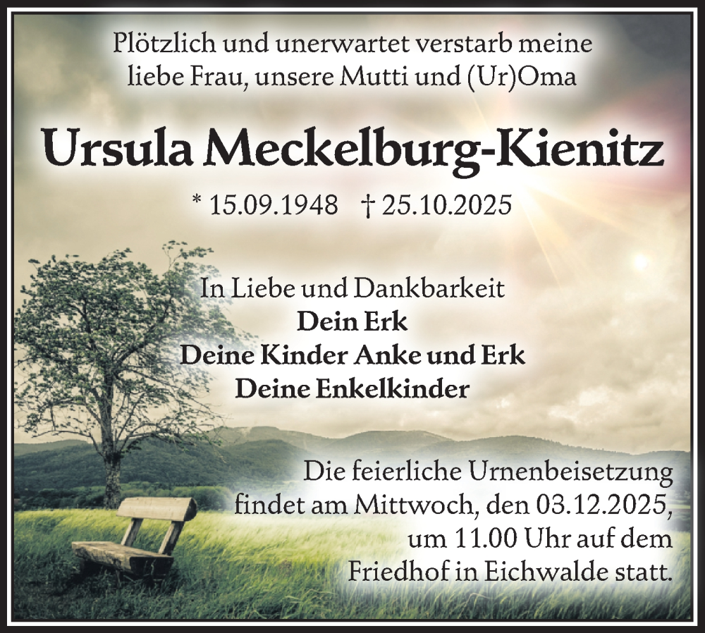  Traueranzeige für Ursula Meckelburg-Kienitz vom 15.11.2025 aus Blickpunkt Königs Wusterhausen
