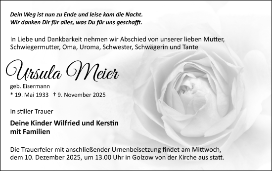 Traueranzeige von Ursula Meier von Märkische Oderzeitung