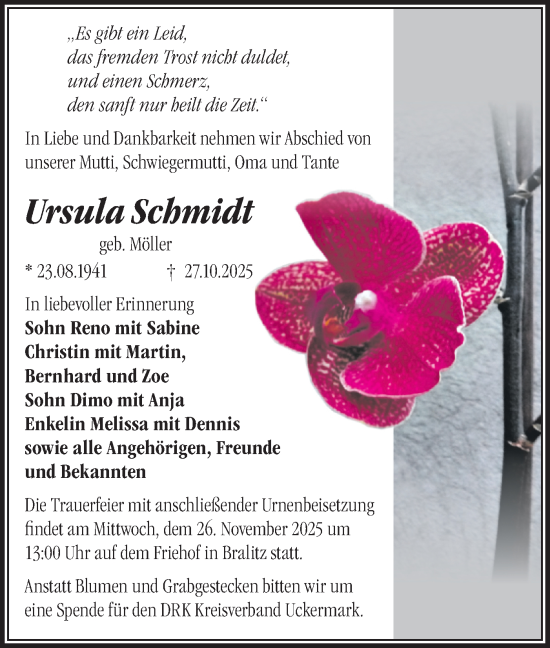 Traueranzeige von Ursula Schmidt von Märkische Oderzeitung