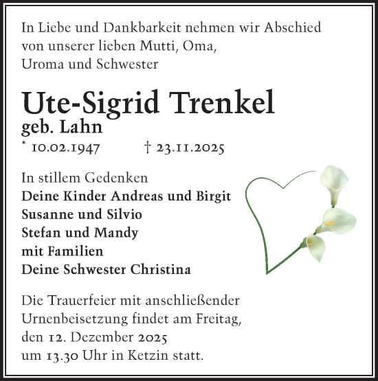 Traueranzeige von Ute-Sigrid Trenkel von Märkische Oderzeitung