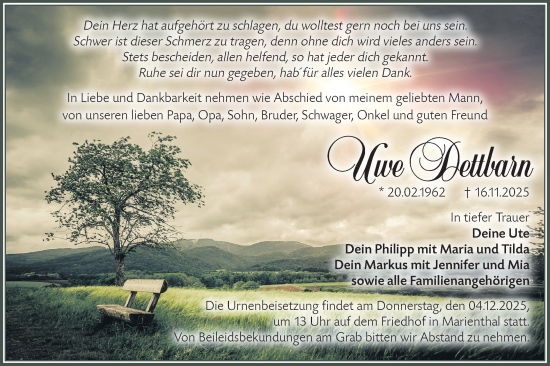 Traueranzeige von Uwe Dettbarn von Märkische Oderzeitung
