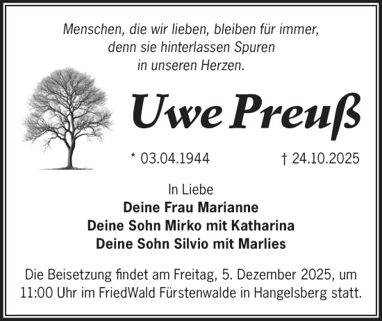 Traueranzeige von Uwe Preuß von Märkische Oderzeitung