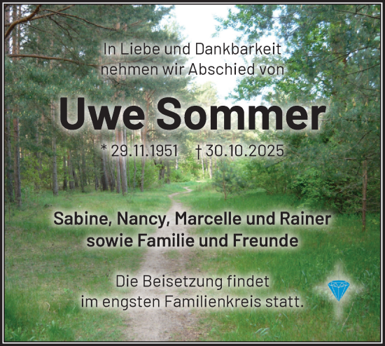 Traueranzeige von Uwe Sommer von Märkische Oderzeitung