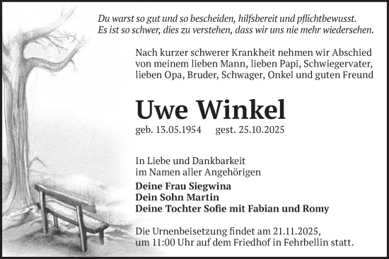 Traueranzeige von Uwe Winkel von Märkische Oderzeitung