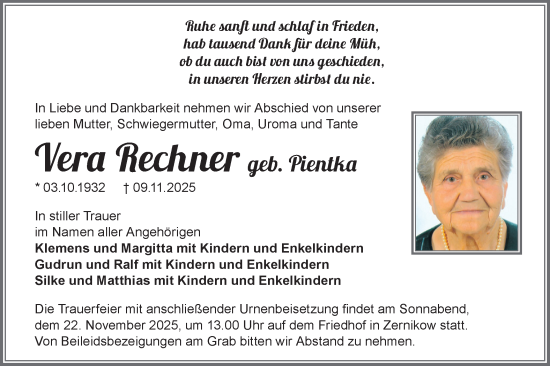 Traueranzeige von Vera Rechner von Märkische Oderzeitung